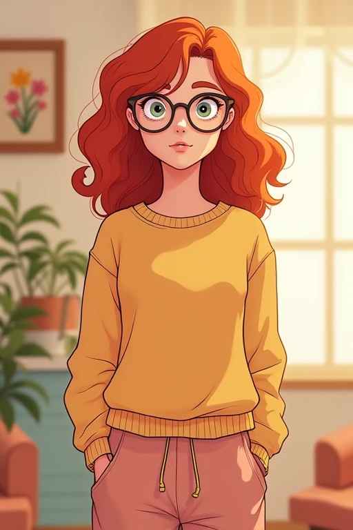 24 years old girl, curly red hair, glasses, shy, sweatpants, beautiful, cartoon style