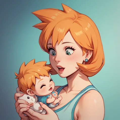 highly detailed, (duo focus), highres, 1woman, 1baby, BREAK, 1woman, Misty_G2, orange hair, holding baby, BREAK, 1baby, black hair, mother with baby,