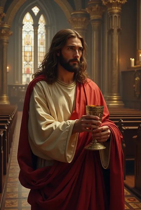  Jesus Christ has a holy offering and a church cup in his hand 