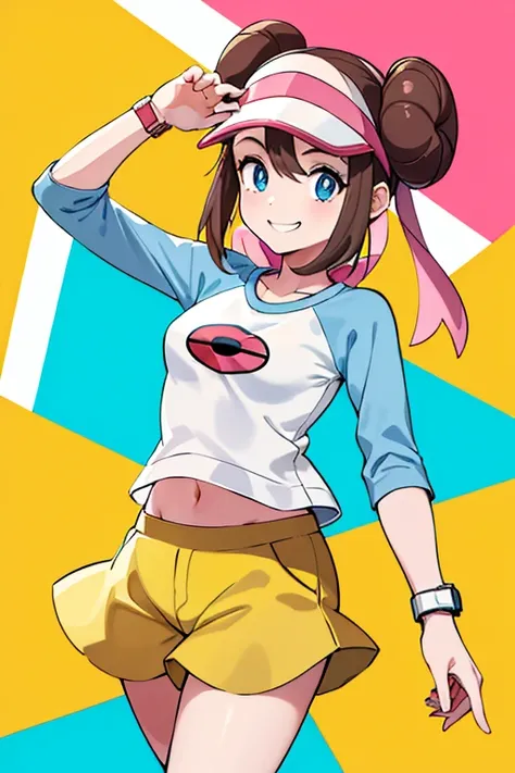 ​masterpiece, top-quality, Hi-Res, RO1, Hair buns, blue eyess, Twin-tailed, Visor Cap, panthyhose, raglan sleeves, Yellow shorts, The shirt, Pink ribbon, wrist watch, is standing, cowboy  shot, deph of field, pokeball (basic), a smile、Van Gogh-like drawing