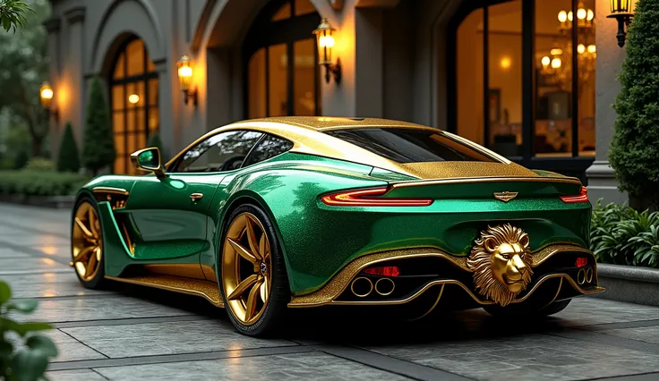  (((REAR VIEW OF A 3 /4))) (((car decorated with a NATURAL EMERALD gemstone plate))) (Aston Martin Vanquish HOTROD VERSÃO STEAMPUNK, COLOR metallic gold :2.0), ((( adorned with ROCOCOS :2.0 And gold props , bronze and brass ,  lions head sculpted on the fr...