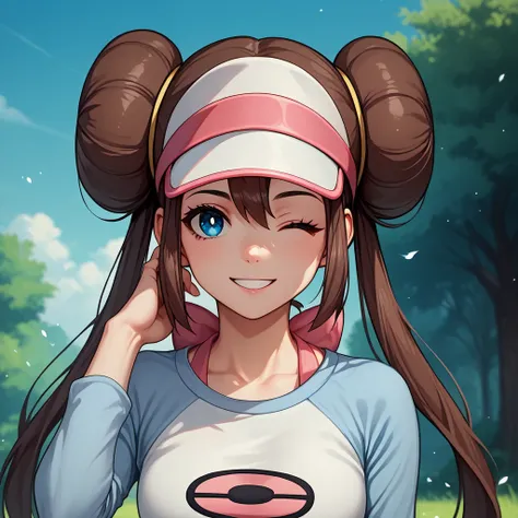 score_9, score_8_up, score_7_up, source_anime, 1girl, solo, outdoors, rosa, smile, one eye closed, hand in head, portrait, face focus, brown hair, double bun, doughnut hair bun, hair bun, blue eyes, hair between eyes, twintails, raglan sleeves, white shirt...