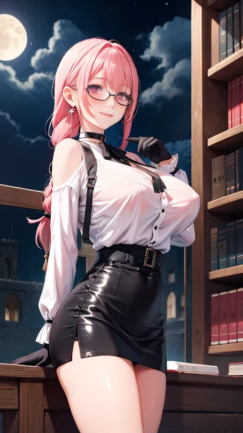 1 girl, Yanagi Tsukishiro , Alone, standing, front view,  watching the spectator,  big breasts,  detailed eyes , pink eyes,  simple shoulder strap , auricular, harness, wears glasses,  choker :1.6,  black gloves, shiny high-waisted miniskirt,  white shirt ...