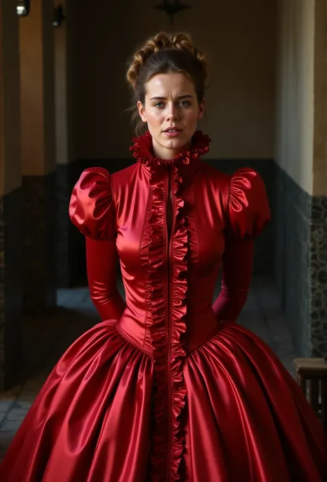 (realistic photograph close up victorian), (a big bust slender pleased beautiful orgasm looking kneeling lady with (messy hair bun)), (she is wearing (an exaggerated elaborate shiny red silk high neck dress with (long extremely big puff sleeves), (and a na...