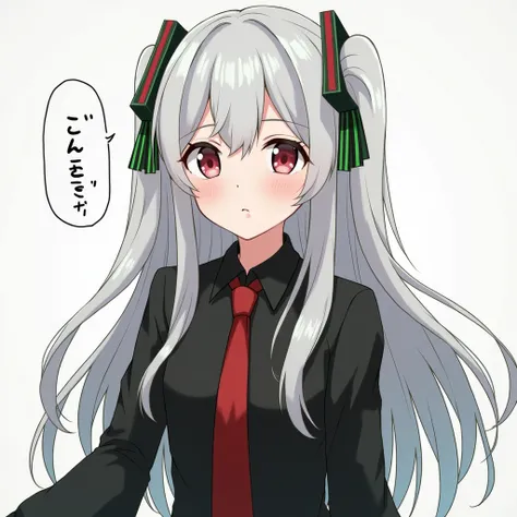 anime; female; 17;  black with green accent and red tie;  long silver hair; In c.ai still