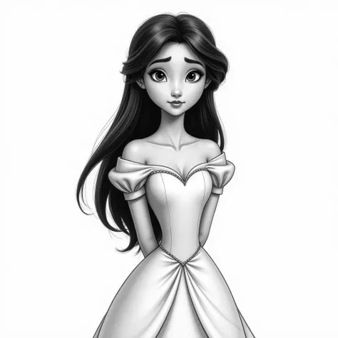 pencil sketch drawing of a  Disney princess with straight black hair, looking down slightly and hands clasped behind her back