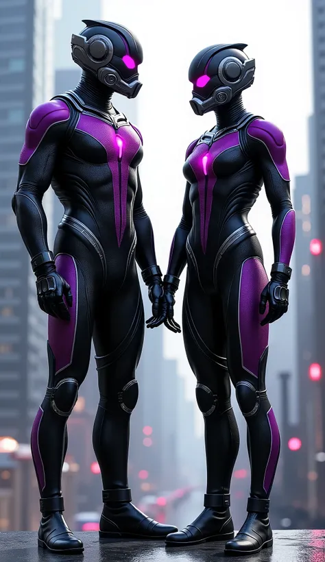 2 AntMan In Black And Purple Suit, Perfect Combination Of Black And Purple Colors, Futuristic City, Realistic 