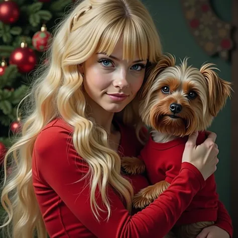  Blonde Disney Princess as Grinch with red clothes ,  Christmas background ,  blue eyes , blonde long hair, Bangs, pretty, Photo very similar to ,  appearance with Yorkshire Terrier on his arms who has dark fur and light hair on his head and face,  Dog wea...