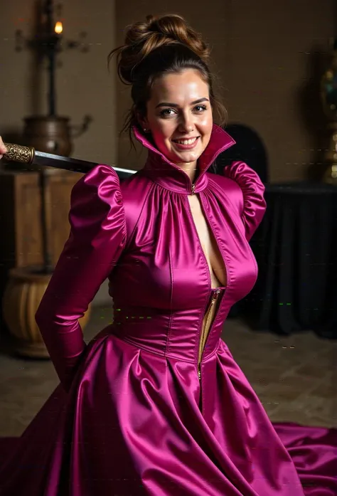 (realistic photograph close up victorian), (a big bust slender waist pleased beautiful orgasm looking kneeling lady with (messy hair bun)), (she is wearing (an exaggerated elaborate shiny fuchsia silk high neck dress with (long extremely big puff sleeves),...