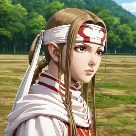 ((((masterpiece, , super detail, high quality, highres, 1080P, 8k, 16k)))) brown eyes very accurate clothing score_9, score_8_up, score_7_up, ((cowl)) headband on forehead detailed clothing beautiful girl kyoukai (asuna yuuki )