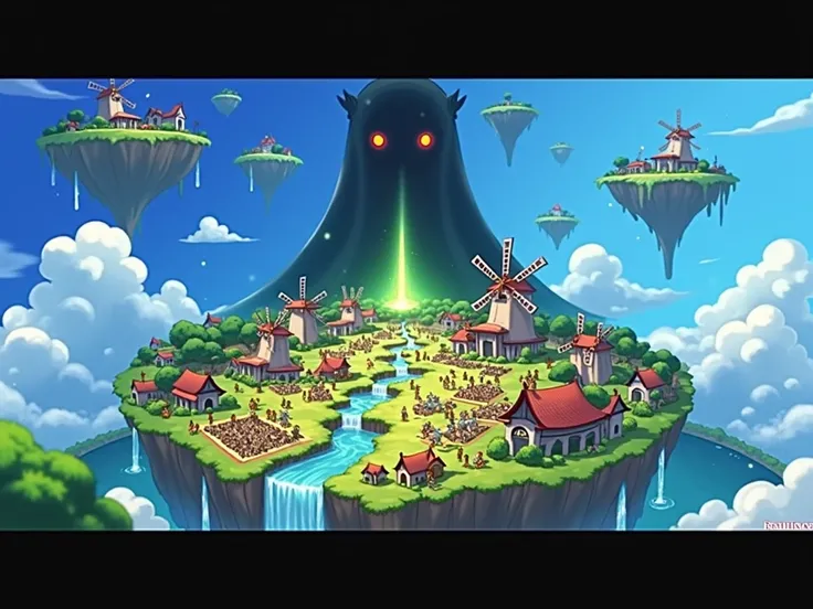 “Create a vibrant and fantastical anime-style illustration of a floating island civilization under the gaze of a mysterious godlike figure. The island is lush and teeming with life, with small houses, windmills, farms, and lively activity to represent a th...