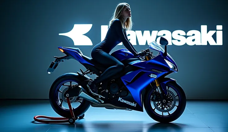 Kawasaki ninja H2R in blue shining color and back wall write Kawasaki picture in showroom  hot model sitting over bike