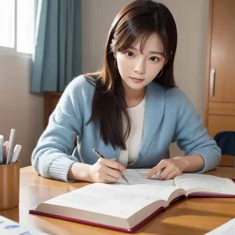 Korean actress Jun So Min is studying in her desk in her bed room.