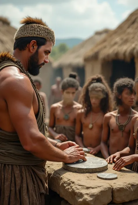 This man, with an animal skin cap on his head, teaching a group of young people how to polish a stone. He appears facing the young people. In the background, Neolithic huts.  Realistic image.