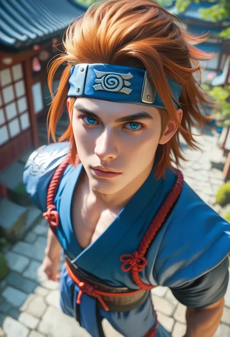 Samurai, male, photoreaistic, fair skin, medium copper hair, blue eyes, black eyeliner, fit. Wearing blue samurai armor. Japanese village background. Wearing blue headband. High angle view.