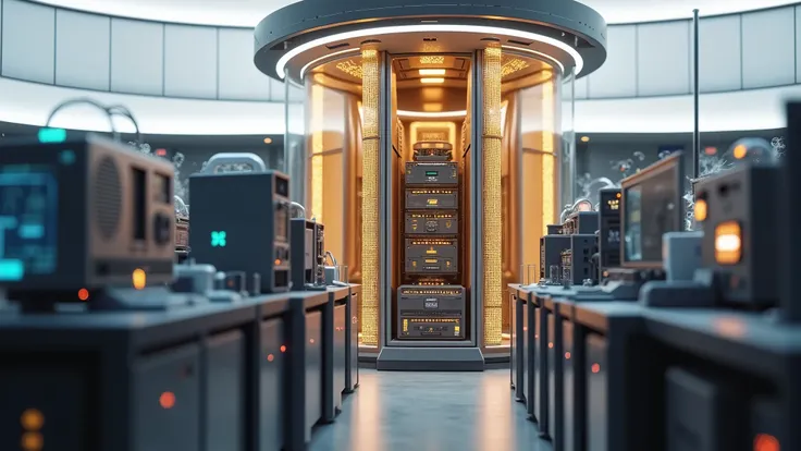 quantum supercomputer in a lab room with blue lights