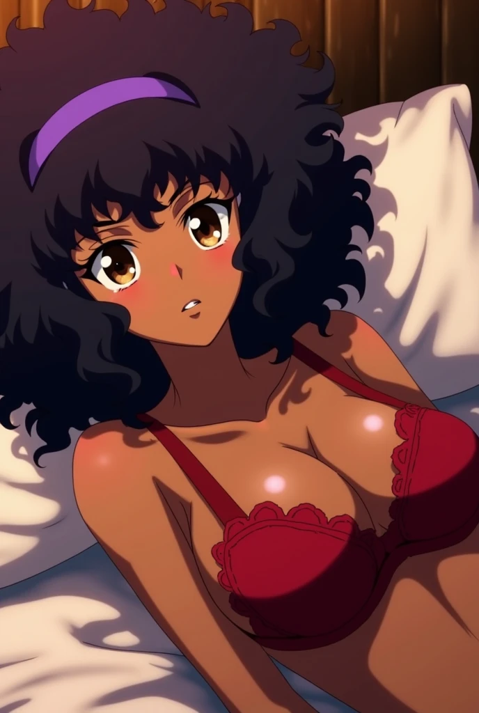  FullHD screenshot of my hero Academia woman with shiny brown skin,hazelnut brown eyes , with shoulder-length curly afro hair with purple highlights  , dressed in red lingerie , lying on a bed 