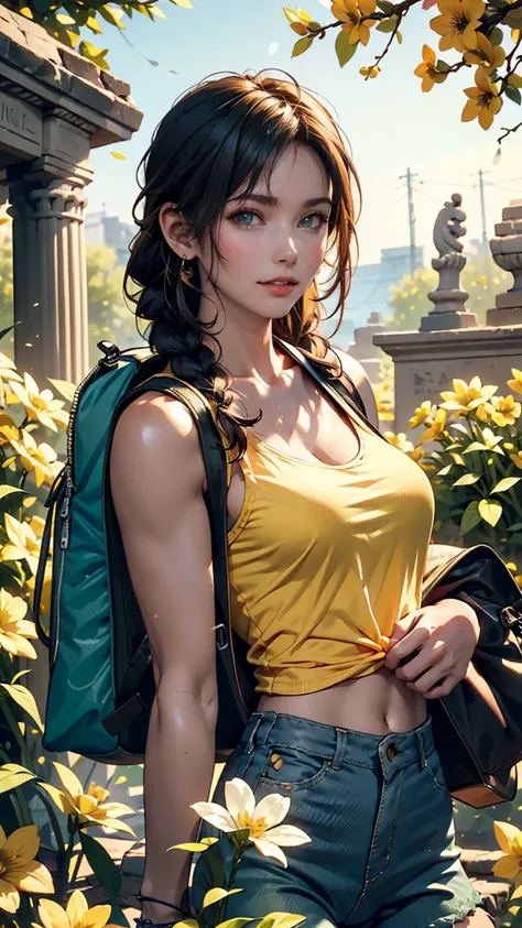 Tip:  A very attractive girl and a cute puppy carrying a backpack、 is enjoying a lovely spring outing surrounded by beautiful yellow flowers and nature 。. This illustration is a high-definition illustration with 4K resolution, Highly detailed facial featur...