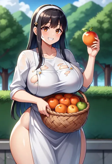  A very poor woman fruit seller , (pele morena),  long black hair,  white stripe on the head,  bulky body ,  Big breasts ,  huge hips and ass , ( very sexy worn and torn clothes ), flashy neckline, using a sexy apron, smiling to hide sadness , feeling hung...