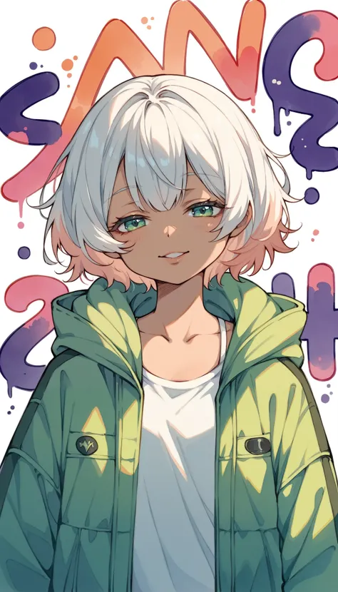 1girl, a little young girl, Alone, Viewer,  Simple background ,  white background , Lazy, Half-closed eyes, Too-dyed tan hair, Smile,  functional style jacket,  upper body, Open clothes, abdomen, From the back, open jacket, Lips, oversized jacket , Graffit...