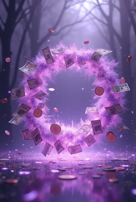 Purple money flying in a circle