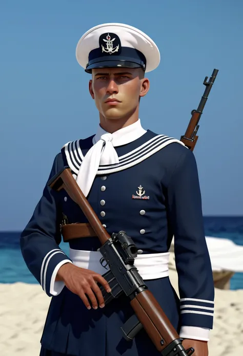 4k, ultra realistic, a sailor in traditional dark blue escort uniform armed with a Type 56 assault rifle, standing guard during a ceremony.
