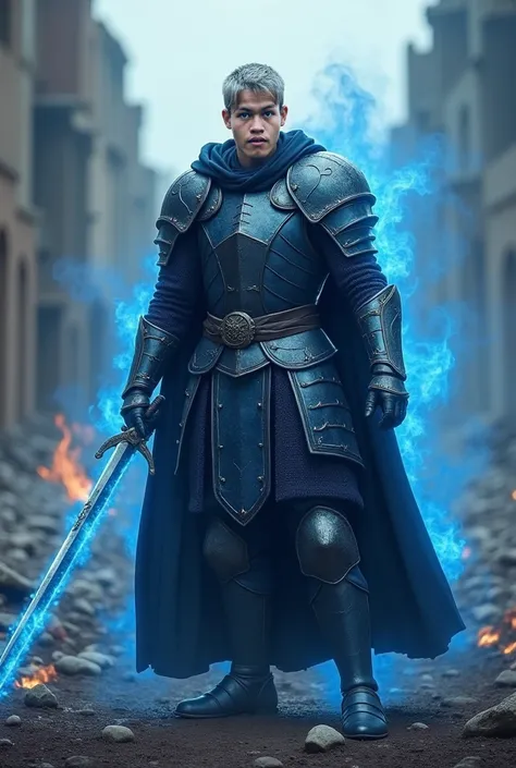 portrait  closeup of young man, short hair, . comma hair.gray hair color, wearing navy blue iron war armor, he poses standing brandishing a sword beside him, sharp gaze, has a blue aura of fire on his body, the background is a battle arena, destroyed build...