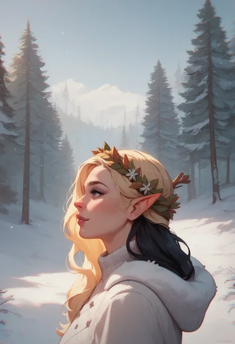 1 girl, pointed ears, hair down, black hair, blonde strips in front of hair, up close, side view, snowy cranberry crown(winter environment, outside, snowy fairytale, forest)
