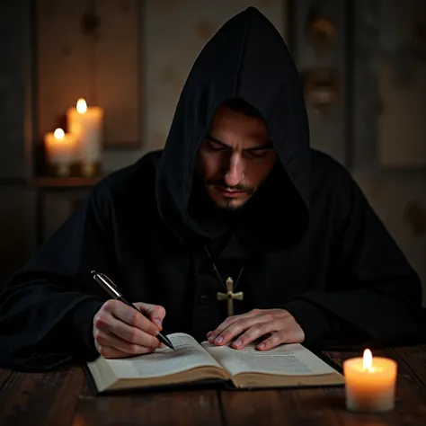 A young male exorcist, with a pen in his hand, writes something in a personal diary. His face is hidden by a cloak, only his mouth is visible. Everything else is hidden by the shadow. There are candles in the background