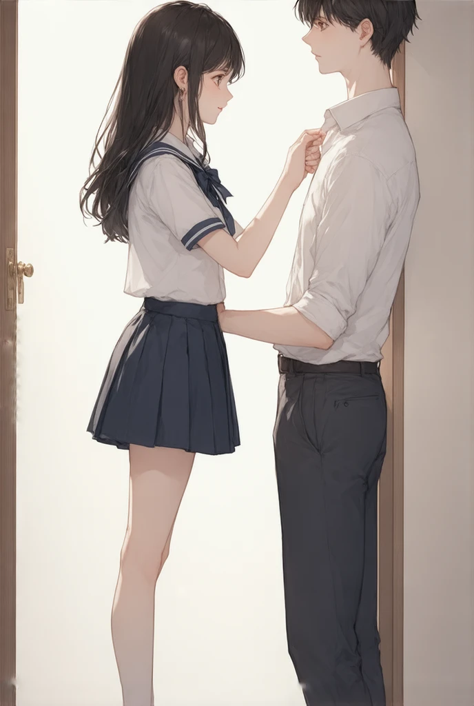 a very very tall japanese student girl, being height measure at her bed room by a shorter man, he is trying to reach her full height  in anime style