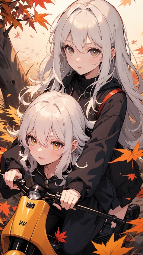 Very detailed, Very sharp, Highest quality, 1girl, Riding a scooter, autumn, wood, Maple Leaf, face focus, smile, ,pure white hair, longest hair, abnormally long wavy hair, side hair, side curls, hair between the eyes, golden eyes, black color fashion outf...