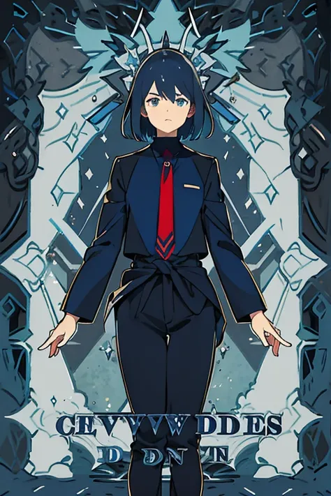  1 Beautiful Girl　Shows up to the waist　 dark blue bob hair　 blue eyes　Glare　 dark blue suit 　 navy blue pants　 red tie 