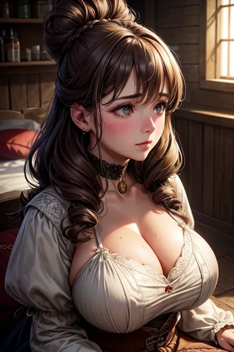 Chubby, curvy, light brown hair, tightly curled permed hair, hair tied up in a large beehive bun, blushing, flushed face, wet eyes, choker, very large heavy breasts, chubby, belly, stretchmarks, (best quality,4k,8k,highres,masterpiece:1.2),ultra-detailed,(...