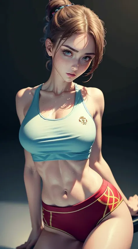 （（best qualtiy，8k，tmasterpiece：1.3）），1girll，Beautiful girl with slender abs：1.3，（Bun hair，：0.7），Super detailed face，Detailed eyes， double eyelids in judo uniforms，croptop tanktop，lifting left arm，On the breast，Sweat slightly