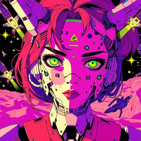 ((best quality)), ((masterpiece)), (detailed), perfect face of cyberpunk mecha japanese girl, neon pink body, neon pink hair, big neon lime green eyes, ((monochromatic neon pink, orange and lime green color palette)), surreal, art nouveau, in the illustrat...