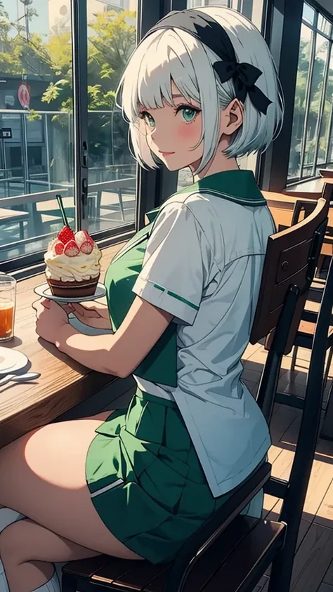 A ghostly female student with glowing green eyes, dressed in a sailor uniform, sitting,  in restaurant, Viewed from the side, bright background, laughing, cake, the sun, shinning head, ice cream, donuts, ,cute doodle,konpaku youmu, 1girl, white hair, short...