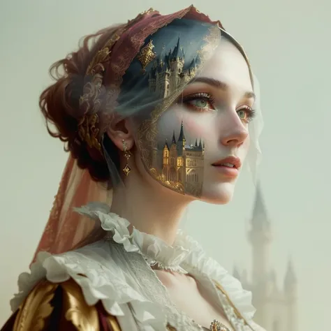  a woman with a veil and a castle in the background, beautiful Surreal Portrait,  in a High Renaissance style ,  Fantasy portrait  , Surreal Portrait, im Renaissance-Stil, Surrealism portrait , beautiful  Fantasy portrait  , Romance Portrait, 8k Artistic P...