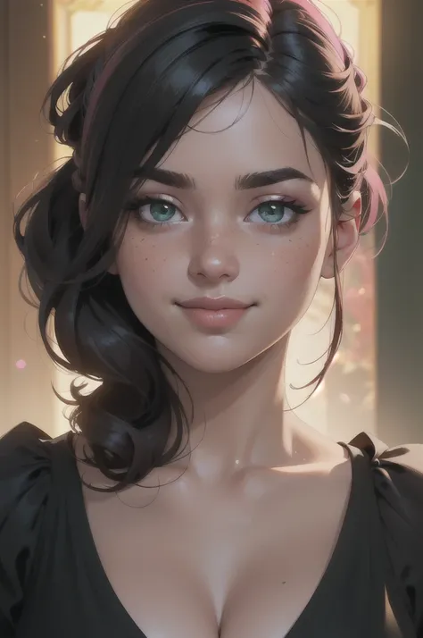 (masterpiece, best quality, highres, high resolution:1.2), extremely detailed, realistic, intricate details, 1girl, solo, looking at viewer, portrait, clamEmma, cleavage, smile, side-swept bangs, black hair, pink IncursioDipDyedHair, messy mid ponytail, gr...