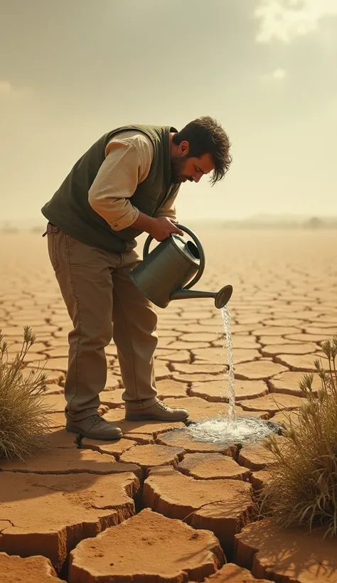  Make an image of a person watering a land without any plants, Just the Earth , realistic