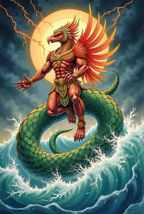 Thai art watercolor painting, Garuda with a birds head and a human body, birds feet, red fire color and, green Naga sparkling in the sea, sea background with thunder waves