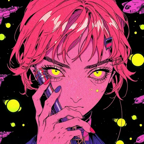 ((best quality)), ((masterpiece)), (detailed), perfect face of cyberpunk mecha japanese girl, neon pink body, neon pink hair, big neon lime green eyes, ((monochromatic neon pink, orange and lime green color palette)), surreal, art nouveau, in the illustrat...