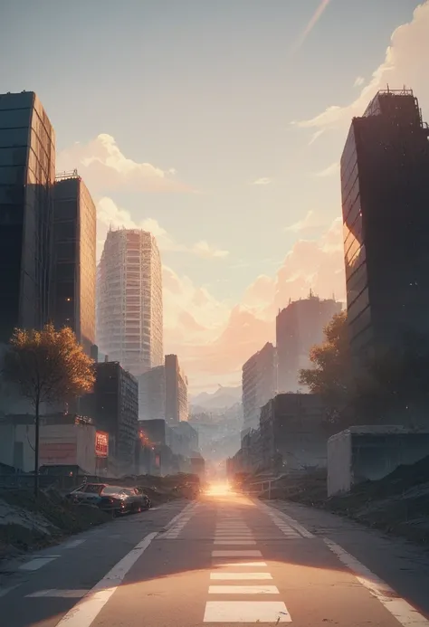 landscape, landscape, without humans, building, open plan,  semi realistic,  masterpiece ,  sharp focus,  ultra detailed , absurdities,  highres icon,  dynamic lighting , collapse, Dusty, asphalt