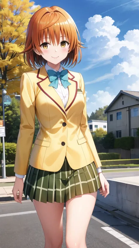 masterpiece, best quality, highres, aariko, short hair, brown eyes, school uniform, blue bowtie, blazer, yellow jacket, long sleeves, plaid skirt, green skirt, standing, cowboy shot, smile, outdoors