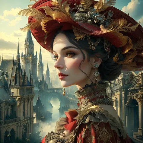 Portrait of a woman wearing a red hat and a red dress, fantasy Victorian art, Karol behind uhd, beautiful Fantasy Art Portrait, Fantasy Art Portrait, epic Fantasy Art Portrait, Victorian city, beautiful  Fantasy portrait  ,  beautiful art UHD 4K ,  Fantasy...