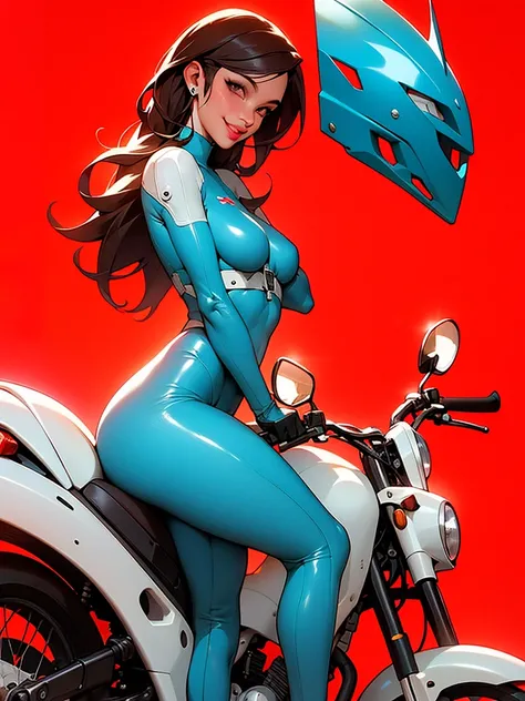 masterpiece, (masterpiece, top quality, best quality),1girl, solo, bodysuit, breasts, long hair, white background, smile, simple background, medium breasts, helmet, looking at viewer, skin tight, sitting, lips, blue bodysuit, motorcycle, black gloves, glov...