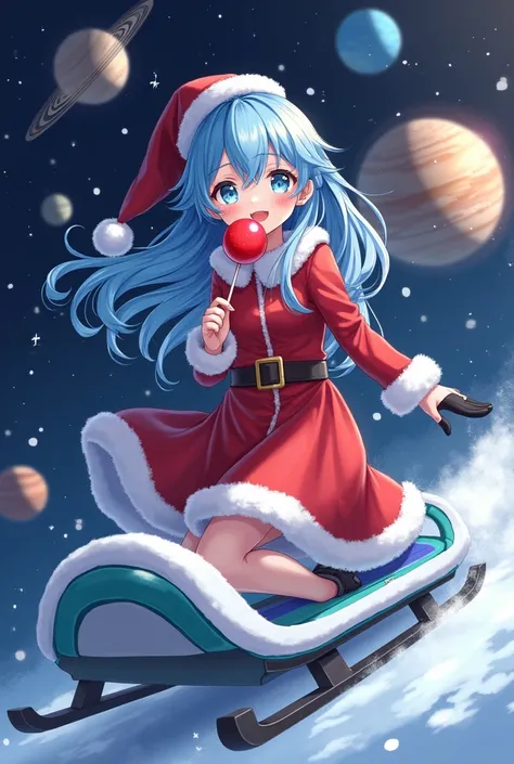 A beautiful girl in space on a sled in a Christmas costume with deer A beautiful bright background with planets and snow holds a red lollipop sled with white accents with blue anime-style hair