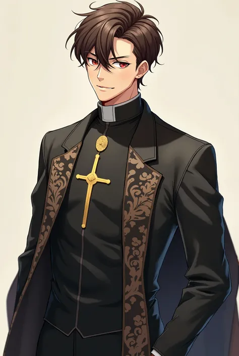  a priest who is handsome tall with brown hair who looks a bit like Henry Calvin but also like 1girl, Simple background, 