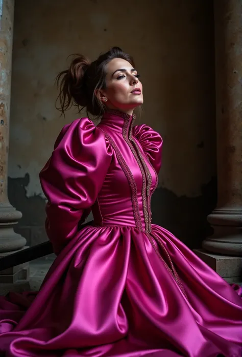 (realistic photograph close up pov low sideways victorian), (a big bust slender waist pleased beautiful orgasm looking kneeling lady with (messy hair bun)), (she is wearing (an exaggerated elaborate shiny fuchsia silk high neck dress with (long extremely b...