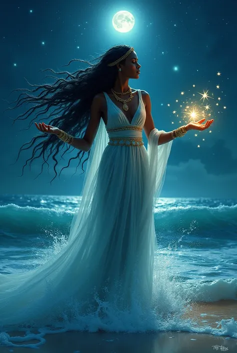 Yemanjá emerging from the sea, Holding stars.