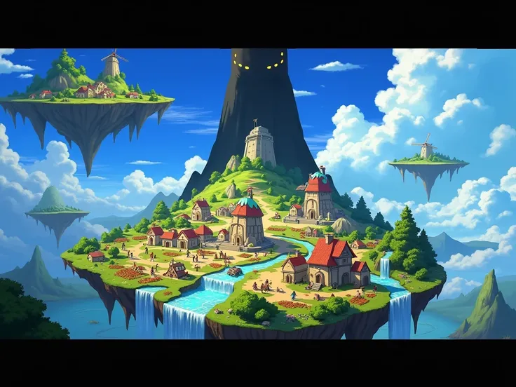 “Create a vibrant and fantastical anime-style illustration of a floating island civilization under the gaze of a mysterious godlike figure. The island is lush and teeming with life, with small houses, windmills, farms, and lively activity to represent a th...